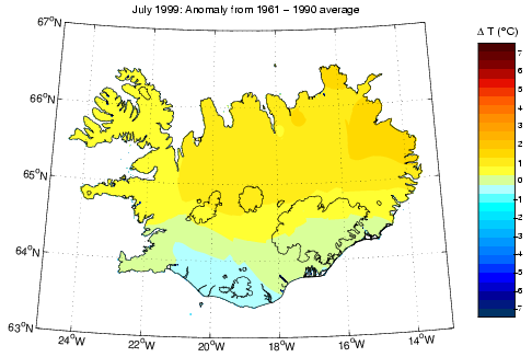 Frávik frá meðalhita í júlí 1999 