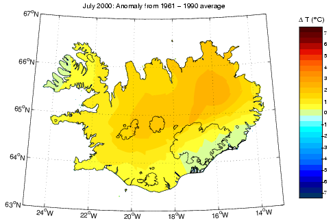 Frávik frá meðalhita í júlí 2000 