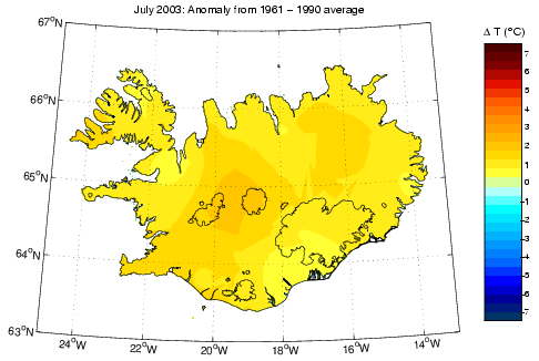 Frávik frá meðalhita í júlí 2003 