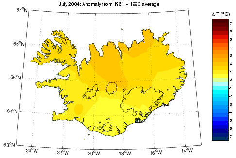 Frávik frá meðalhita í júlí 2004 