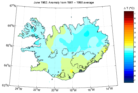 Frávik frá meðalhita í júní 1962 