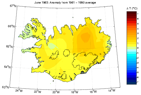 Frávik frá meðalhita í júní 1963 