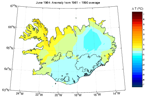 Frávik frá meðalhita í júní 1964 