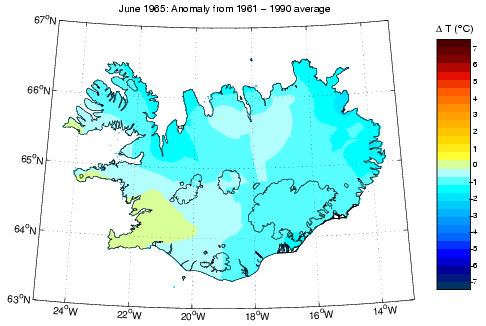 Frávik frá meðalhita í júní 1965 