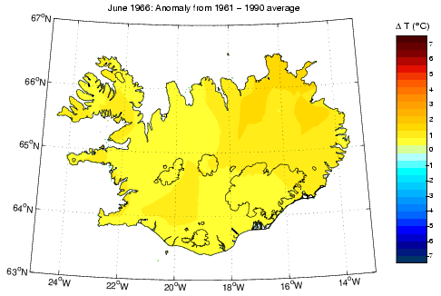 Frávik frá meðalhita í júní 1966 