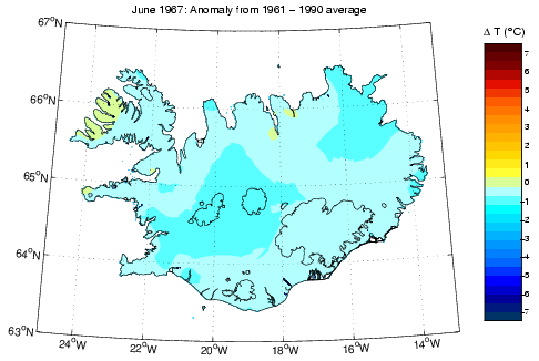 Frávik frá meðalhita í júní 1967 