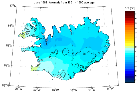 Frávik frá meðalhita í júní 1968 