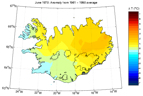 Frávik frá meðalhita í júní 1970 