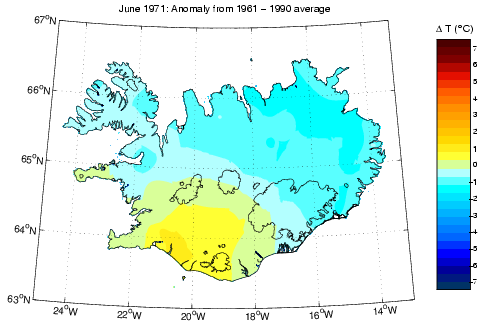 Frávik frá meðalhita í júní 1971 