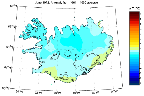 Frávik frá meðalhita í júní 1972 