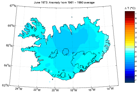 Frávik frá meðalhita í júní 1973 