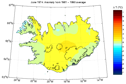 Frávik frá meðalhita í júní 1974 