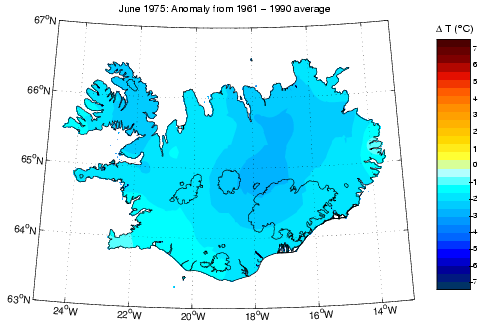 Frávik frá meðalhita í júní 1975 