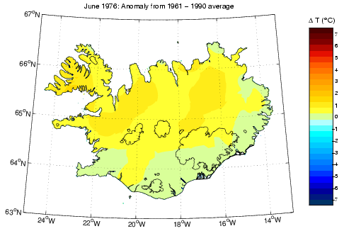 Frávik frá meðalhita í júní 1976 