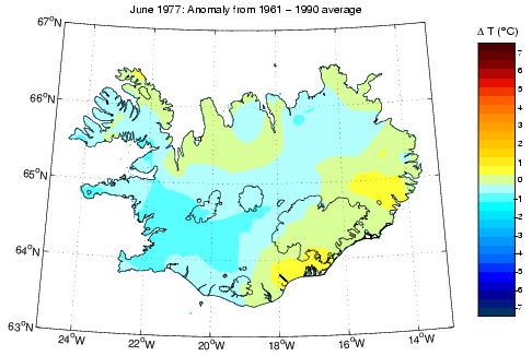 Frávik frá meðalhita í júní 1977 