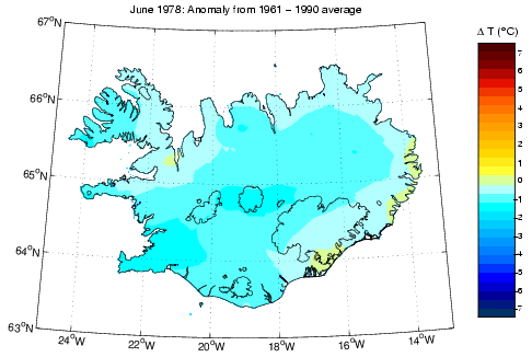 Frávik frá meðalhita í júní 1978 