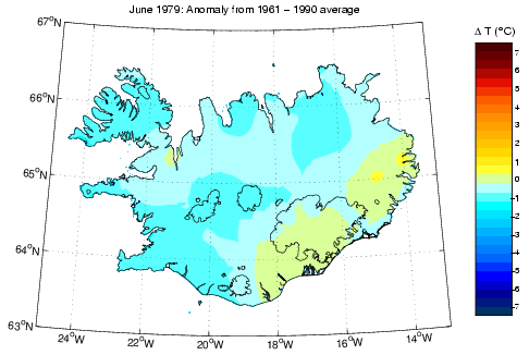 Frávik frá meðalhita í júní 1979 