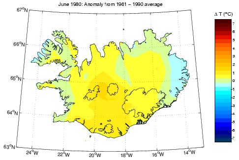 Frávik frá meðalhita í júní 1980 