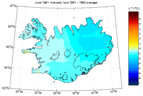 Frávik frá meðalhita í júní 1981 