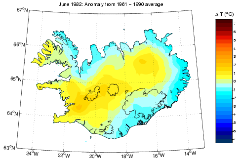 Frávik frá meðalhita í júní 1982 