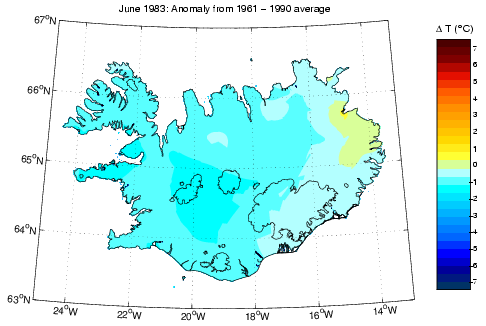 Frávik frá meðalhita í júní 1983 