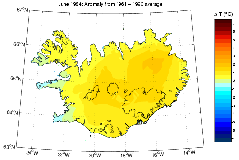 Frávik frá meðalhita í júní 1984 