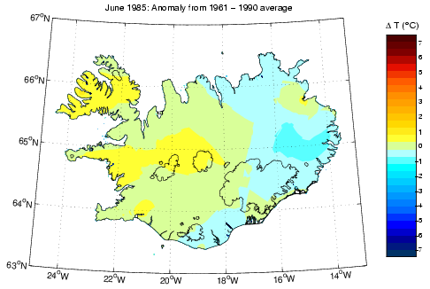 Frávik frá meðalhita í júní 1985 