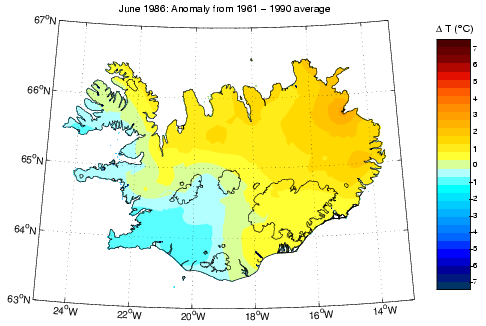 Frávik frá meðalhita í júní 1986 