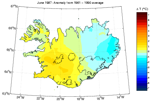 Frávik frá meðalhita í júní 1987 