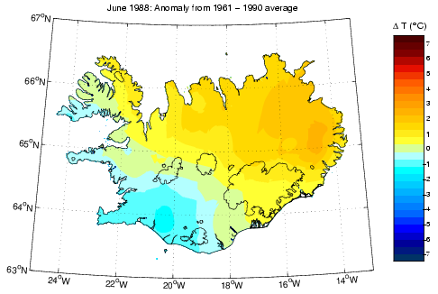 Frávik frá meðalhita í júní 1988 