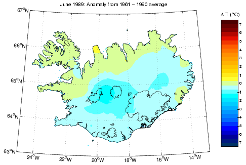 Frávik frá meðalhita í júní 1989 