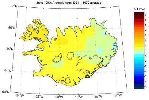 Frávik frá meðalhita í júní 1990 