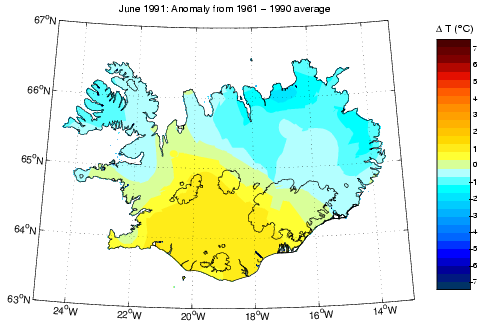 Frávik frá meðalhita í júní 1991 