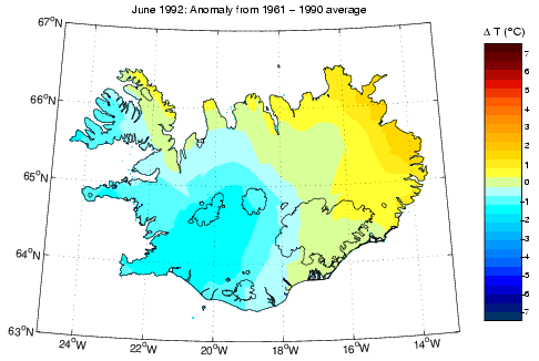 Frávik frá meðalhita í júní 1992 