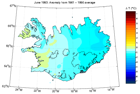 Frávik frá meðalhita í júní 1993 