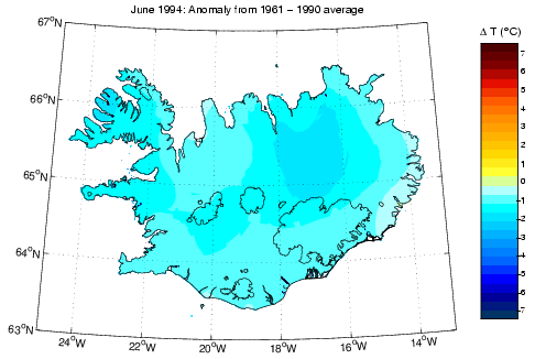 Frávik frá meðalhita í júní 1994 