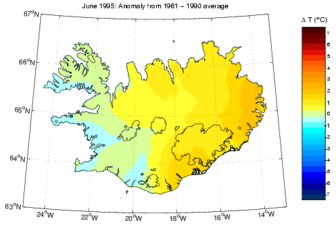 Frávik frá meðalhita í júní 1995 