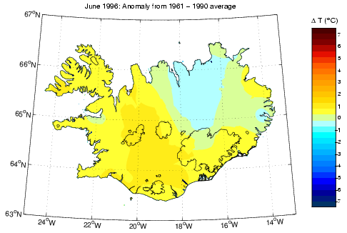 Frávik frá meðalhita í júní 1996 