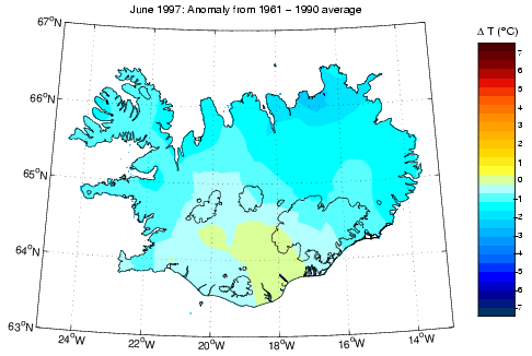 Frávik frá meðalhita í júní 1997 