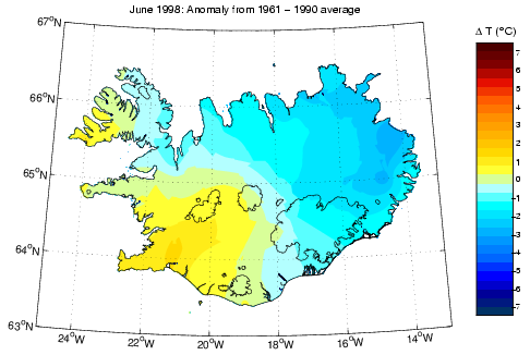 Frávik frá meðalhita í júní 1998 