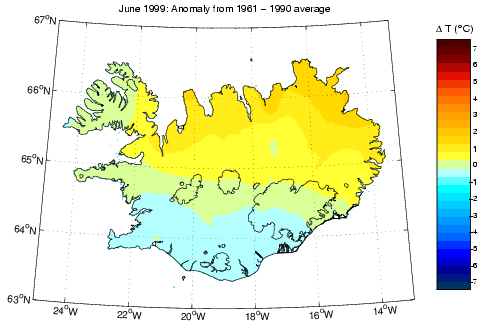 Frávik frá meðalhita í júní 1999 