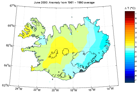 Frávik frá meðalhita í júní 2000 