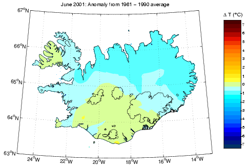 Frávik frá meðalhita í júní 2001 