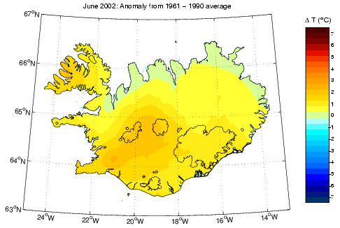 Frávik frá meðalhita í júní 2002 