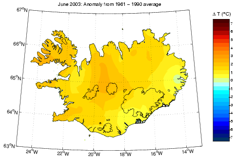 Frávik frá meðalhita í júní 2003 