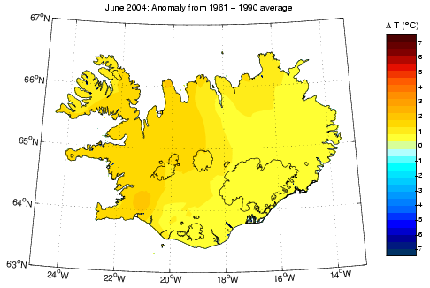 Frávik frá meðalhita í júní 2004 