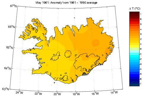 Frávik frá meðalhita í maí 1961 