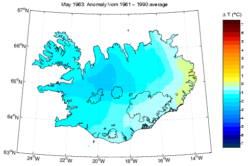 Frávik frá meðalhita í maí 1963