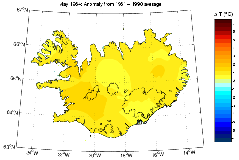 Frávik frá meðalhita í maí 1964 