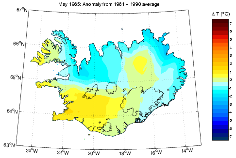 Frávik frá meðalhita í maí 1965 